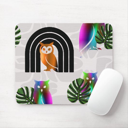 Whimsical Boho Owl & Tropical Monstera Leaf マウスパッド (マウス)