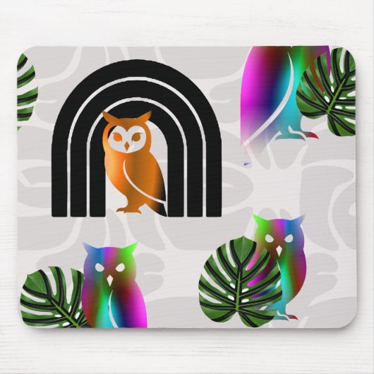 Whimsical Boho Owl & Tropical Monstera Leaf マウスパッド (正面)