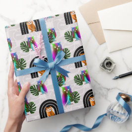 Whimsical Boho Owl & Tropical Monstera Leaf ラッピングペーパー