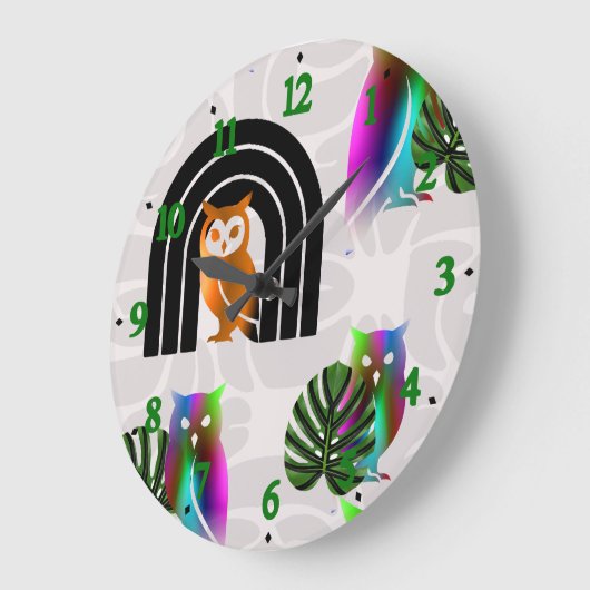 Whimsical Boho Owl & Tropical Monstera Leaf ラージ壁時計 (傾斜)