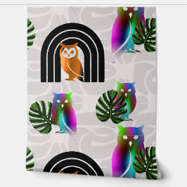 Whimsical Boho Owl & Tropical Monstera Leaf 壁紙