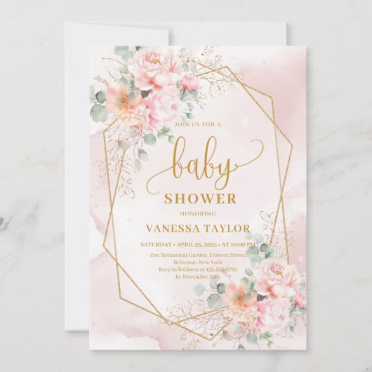 Whimsical boho pale pink gold peonies baby shower 招待状 (正面)