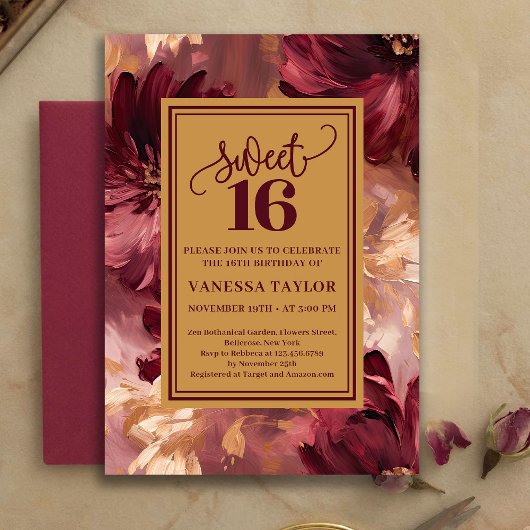 Whimsical Boho Sweet Sixteen Burgundy Blush Floral 招待状