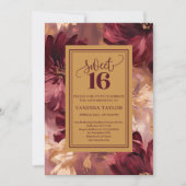 Whimsical Boho Sweet Sixteen Burgundy Blush Floral 招待状 (正面)