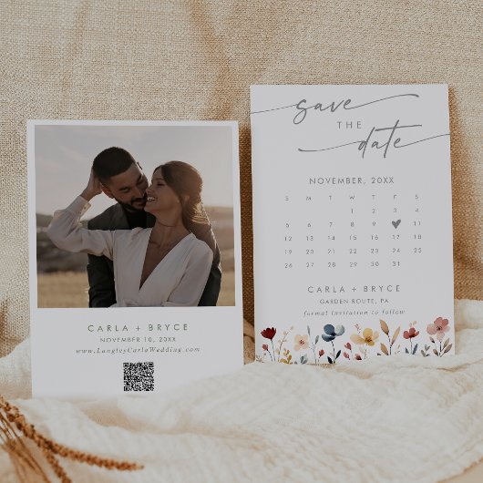 Whimsical Boho Wildflower QR Code Photo Calendar  セーブザデート