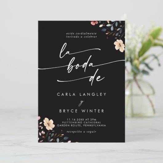 Whimsical Boho Wildflower QR Code Spanish Wedding 招待状 (スタンド正面)