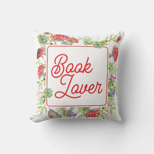 Whimsical Book Lover Mushroom Throw Pillow クッション (正面)