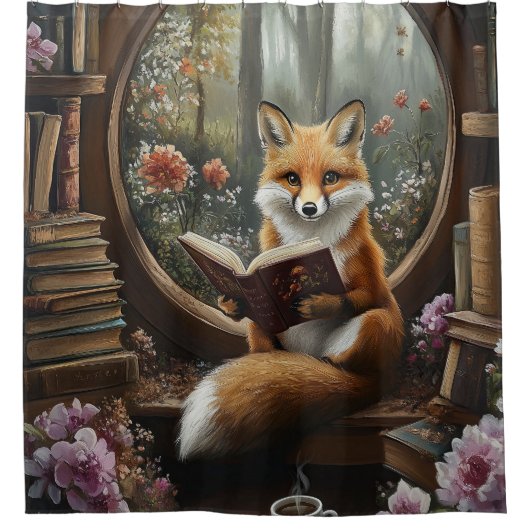 Whimsical Book Lover Reading Fox シャワーカーテン (正面)