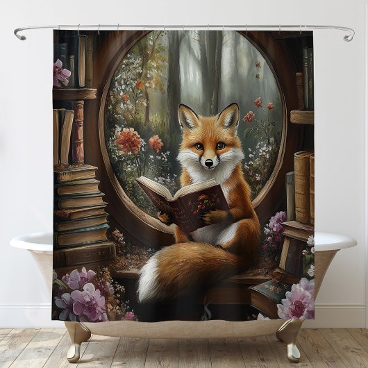 Whimsical Book Lover Reading Fox シャワーカーテン