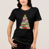 Whimsical Book Stack Christmas Tree Holiday トライブレンドＴシャツ (正面)