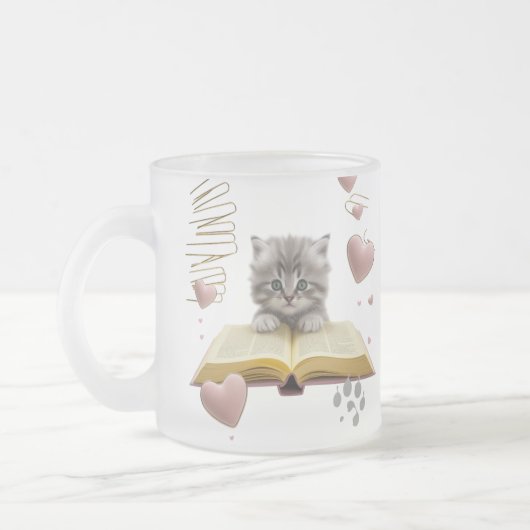Whimsical Bookworm Kitten Two-Tone Mug – Magical フロストグラスマグカップ (左)