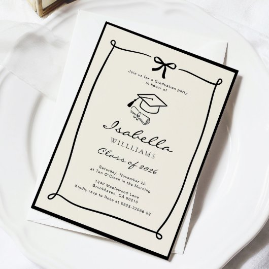 Whimsical Bow Black and White Graduation party 招待状