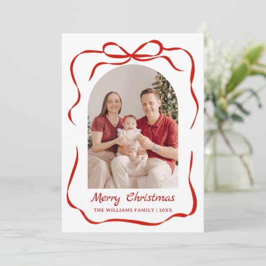 Whimsical Bow Christmas Photo Hand-Drawn シーズンカード (スタンド正面)
