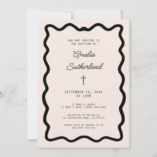 Whimsical Bow cursive border baptism 招待状 (正面)