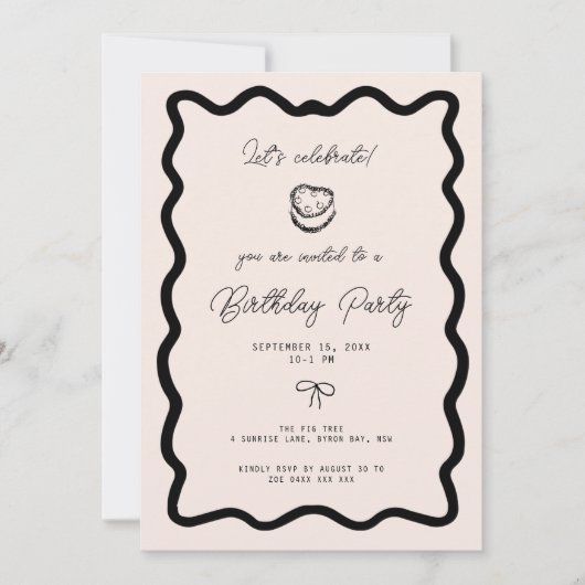 Whimsical Bow cursive border cake birthday  招待状 (正面)
