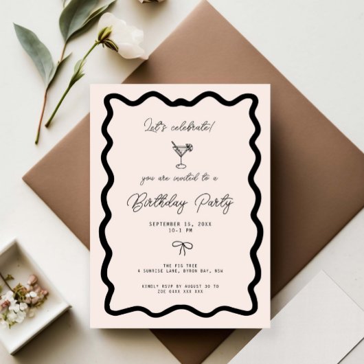 Whimsical Bow cursive border martini birthday 招待状