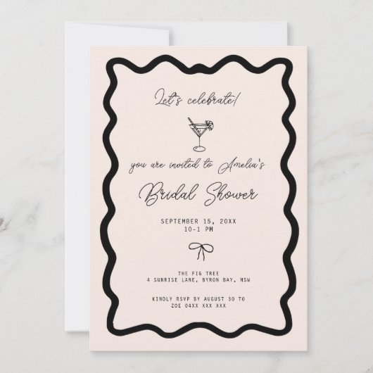 Whimsical Bow cursive border martini bridal shower 招待状 (正面)