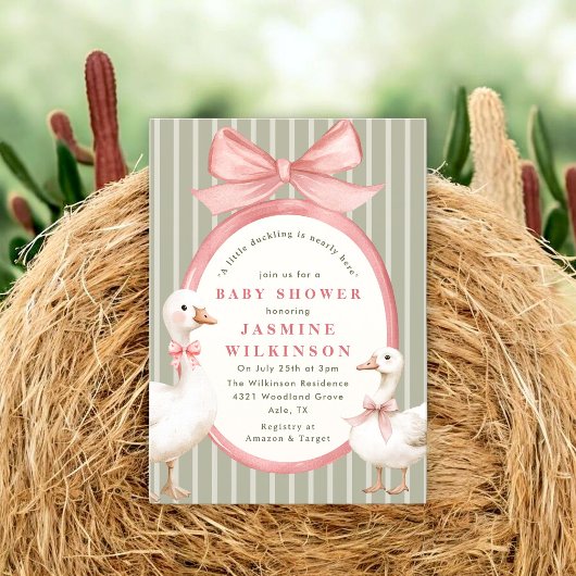Whimsical bow Ducks Baby Shower with QR Code rsvp 招待状