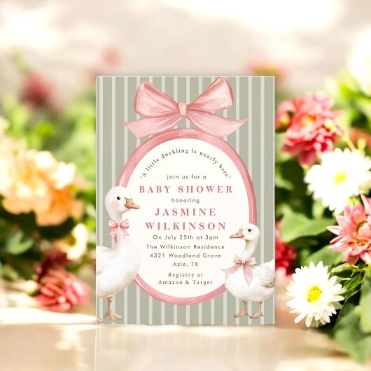 Whimsical bow Ducks Baby Shower with QR Code rsvp 招待状