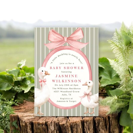 Whimsical bow Ducks Baby Shower with QR Code rsvp 招待状