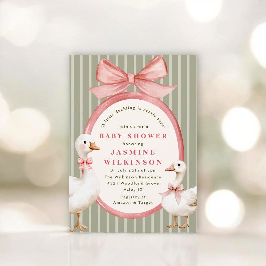 Whimsical bow Ducks Baby Shower with QR Code rsvp 招待状