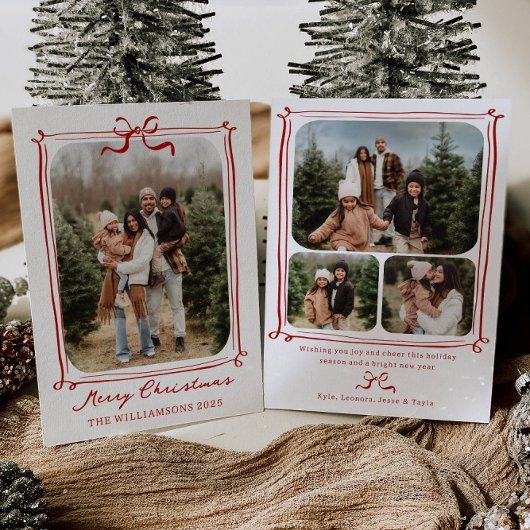 Whimsical Bow Frame Photo Holiday Christmas Card 招待状