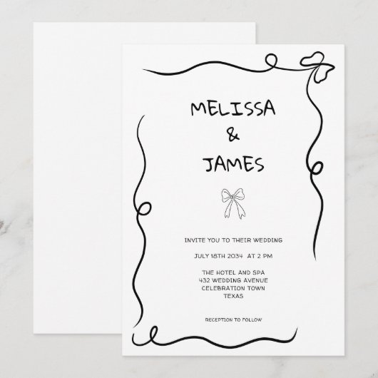 Whimsical Bow Hand Drawn Wedding 招待状 (正面/裏面)