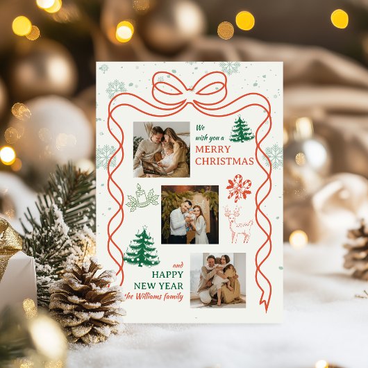 Whimsical Bow & Holiday Icons Photo Christmas Card シーズンカード
