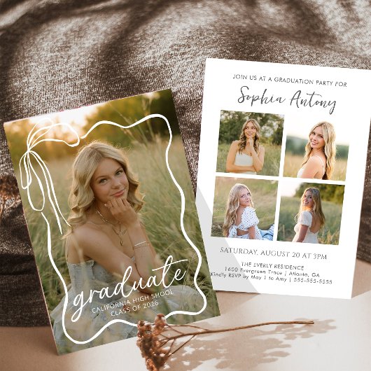 Whimsical Bow Photo Graduation Party Invitation 招待状