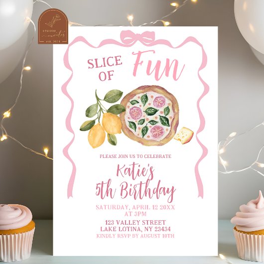 Whimsical Bow Pizza Girl Birthday Party Invitation 招待状