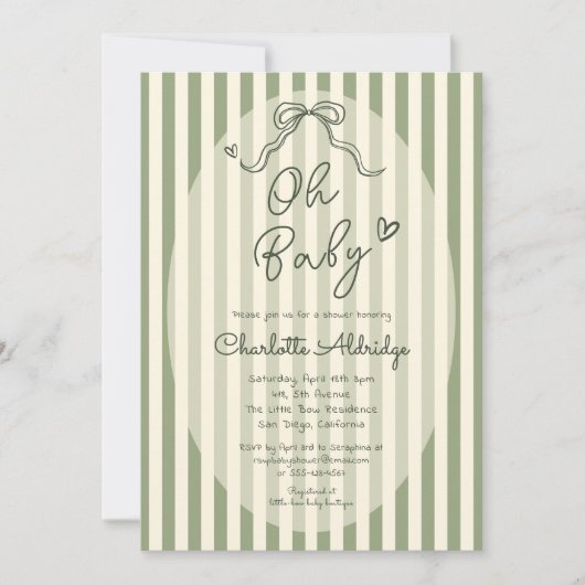 Whimsical Bow Sage Green Baby Shower 招待状 (正面)