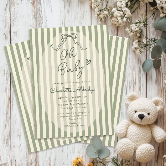 Whimsical Bow Sage Green Baby Shower 招待状