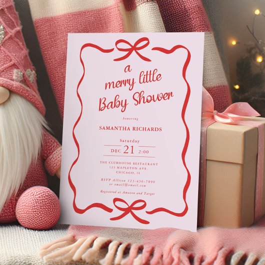 Whimsical bows red pink Merry little baby shower 招待状