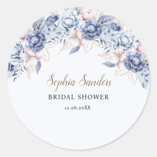 Whimsical Bridal Shower with Soft Blue Flowers ラウンドシール (正面)