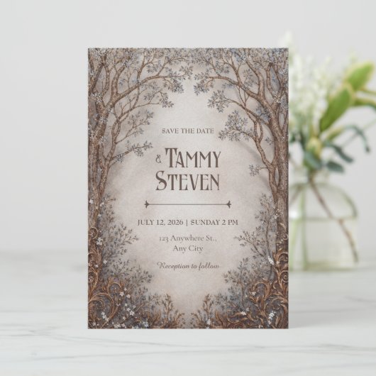 Whimsical Bronze Filigree Forest Wedding 招待状 (スタンド正面)