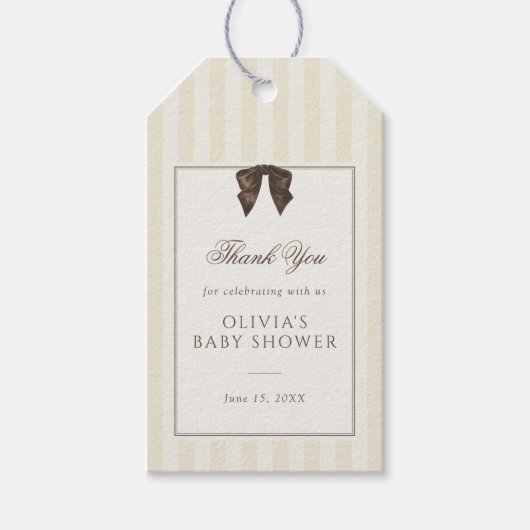 Whimsical Brown Bow Striped Baby Shower ギフトタグ (正面)