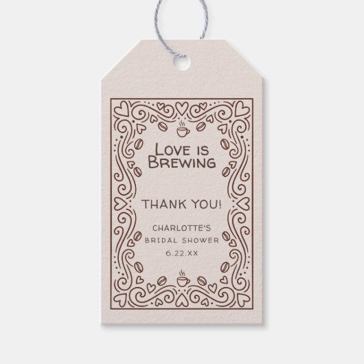 Whimsical Brown Love Is Brewing ブライダルシャワー ギフトタグ (正面)