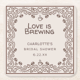 Whimsical Brown Love Is Brewing ブライダルシャワー スクエアペーパーコースター