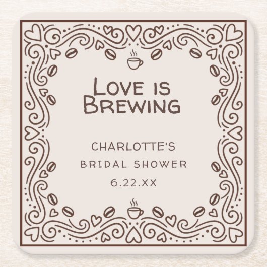 Whimsical Brown Love Is Brewing ブライダルシャワー スクエアペーパーコースター (正面)
