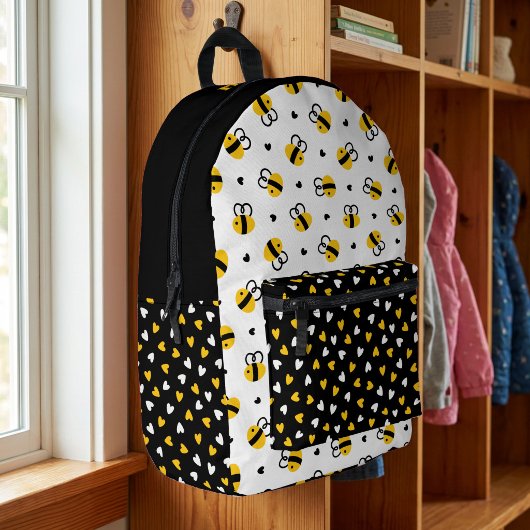 Whimsical Bumblebee & Hearts with Name Cute Kids プリントバックパック
