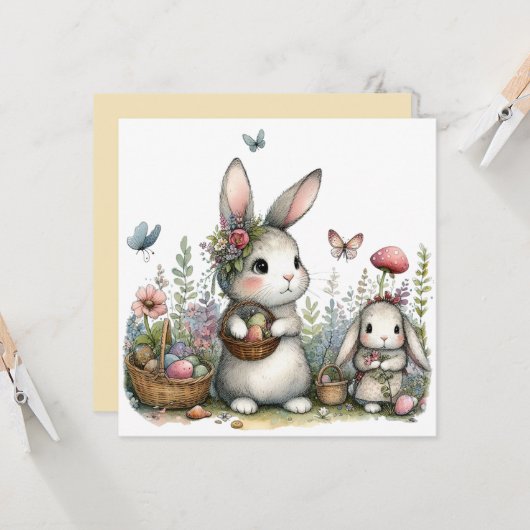 Whimsical Bunnies and Eggs Flowers Easter Greeting カード (正面/裏面インサイチュ)