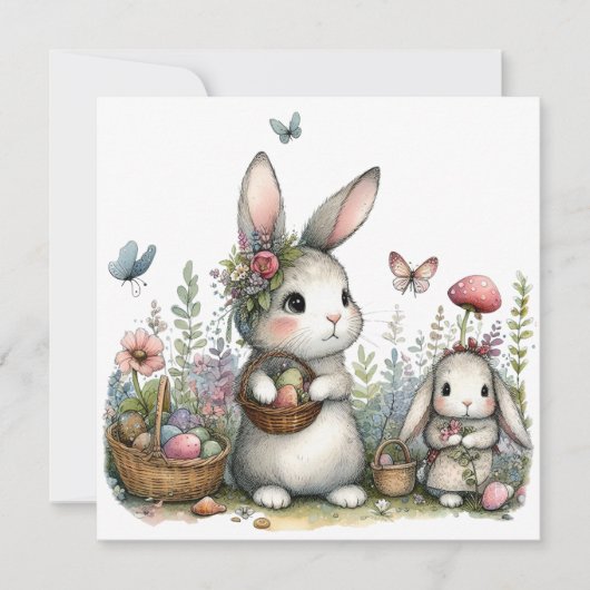 Whimsical Bunnies and Eggs Flowers Easter Greeting カード (正面)