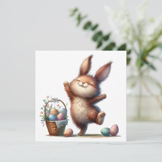 Whimsical Bunny and Basket of Eggs Easter Greeting カード (スタンド正面)