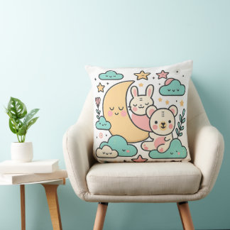  Whimsical Bunny and Bear Moon Decorative Pillow クッション