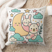  Whimsical Bunny and Bear Moon Decorative Pillow クッション (ブランケット)