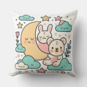  Whimsical Bunny and Bear Moon Decorative Pillow クッション (正面)