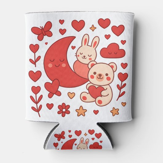 Whimsical Bunny and Bear Moon Heart Can Cooler 缶クーラー (正面)