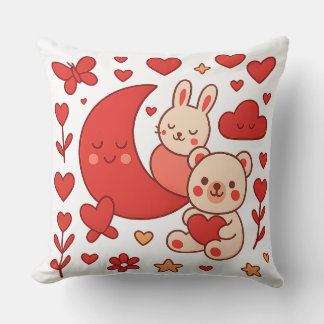 Whimsical Bunny and Bear Moon Heart Throw Pillow クッション