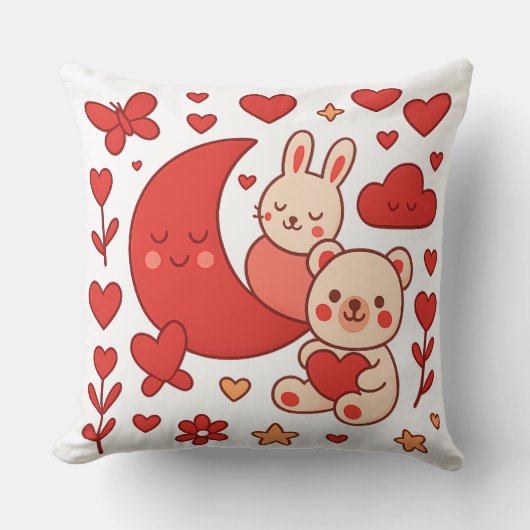 Whimsical Bunny and Bear Moon Heart Throw Pillow クッション (正面)