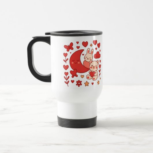 Whimsical Bunny and Bear Moon Heart Travel Mug トラベルマグ (左)